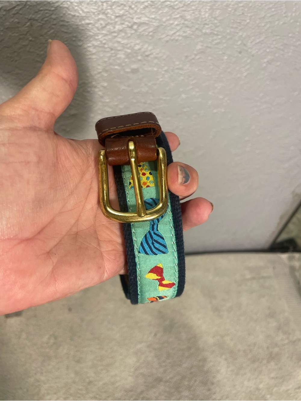 Aqua bow tie Print Canvas Belt with Brown Leather & Brass Buckle